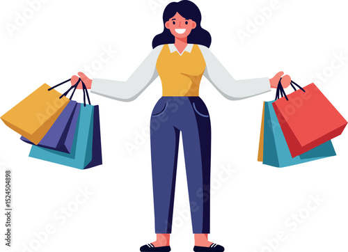 Woman holding colorful shopping bags in casual outfit vector illustration 