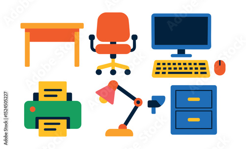 Flat vector icons of office workspace: desk, swivel chair, computer monitor, keyboard, mouse, printer, desk lamp, filing cabinet.