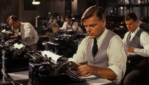 Cinematic View of Workers Typing on Typewriters in Early 20th-Century Newspaper Office – Vintage Work Environment