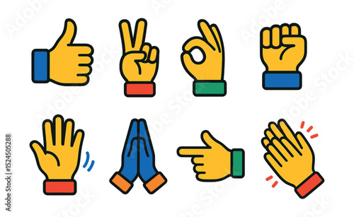 Flat vector icons of hand gestures: thumbs up, victory sign, OK gesture, raised fist, waving hand, praying hands, finger pointing, clapping hands.