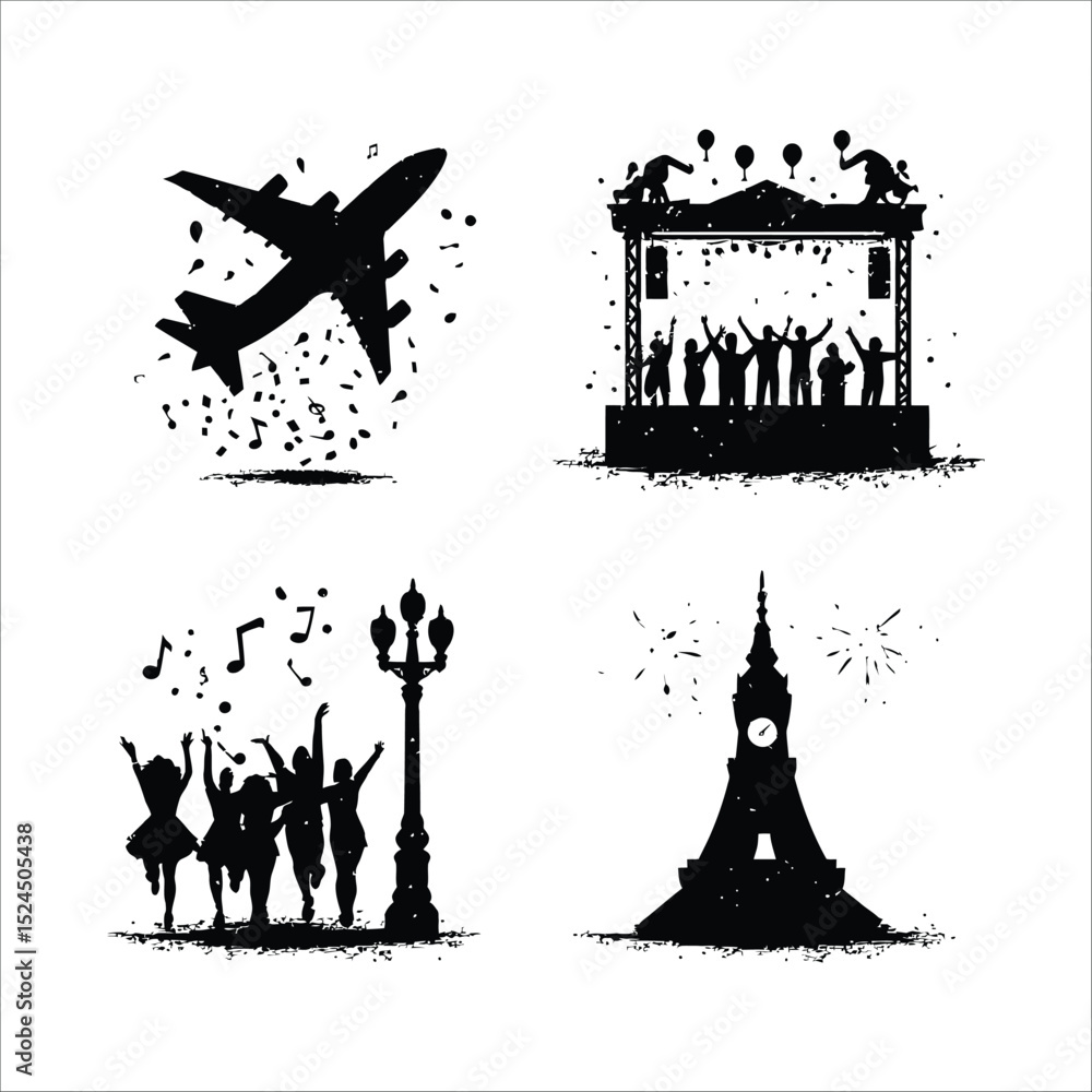 Fototapeta premium Black and white vector illustration of travel celebration and music event silhouette designs