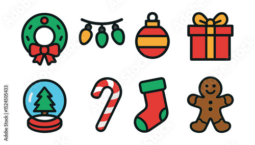 Flat vector icons of holiday decorations: wreath, string lights, ornament, gift box, snow globe, candy cane, stocking, gingerbread man.