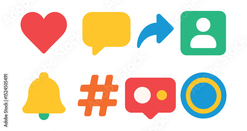 Flat vector icons of social media interaction: like button, comment bubble, share arrow, follower count, notification bell, hashtag, live video, story highlight.