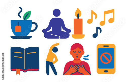 Flat vector icons of bedtime rituals: herbal tea cup, meditation pose, soft music notes, candle, journal, stretching, breathing exercise, phone on do not disturb mode.