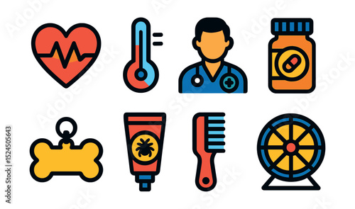 Flat vector icons of pet health monitoring: heart rate, temperature, vet visit, medication, pet ID tag, flea treatment, grooming comb, exercise wheel.