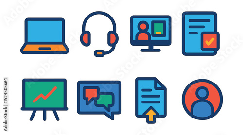 Flat vector icons of remote education tools: laptop, headset, virtual classroom, online exam, digital whiteboard, chat window, assignment submission, student profile.