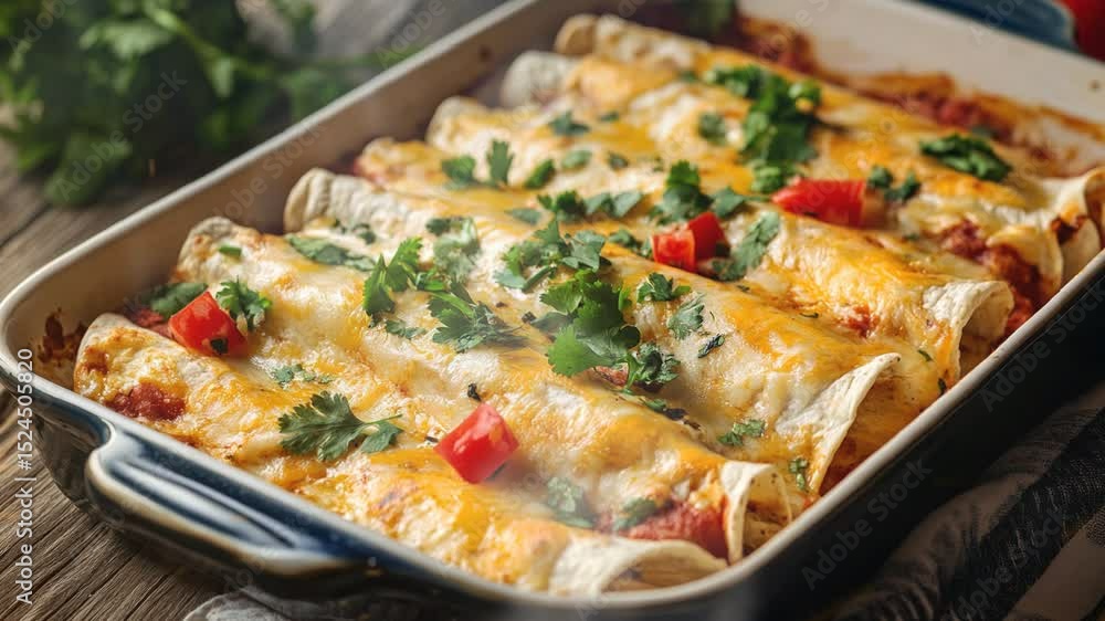 Enchiladas in dish on the table with smoke Enchiladas in dish on the table with smoke
