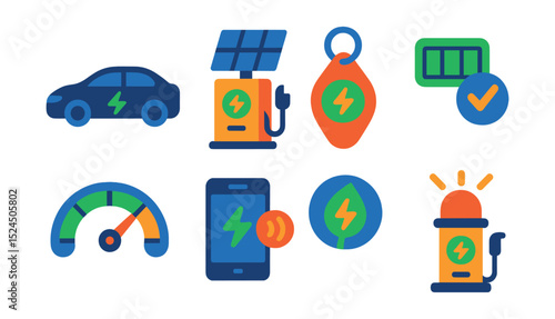 Flat vector icons of Electric Vehicles & Charging: electric car silhouette, charging station with solar panels, EV key fob, battery health check, electric vehicle range, smart charging app, energy