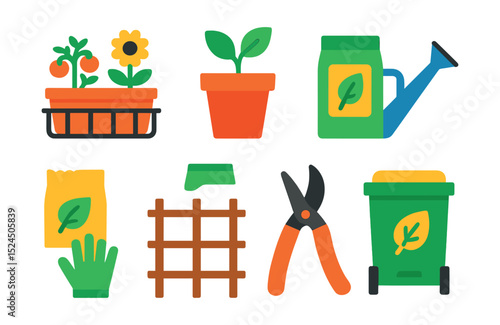 Flat vector icons of urban gardening: balcony garden, plant pot, seed packet, watering can, pruning shears, garden gloves, trellis, compost bin.