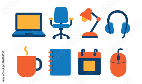 Flat vector icons of remote work essentials: laptop, ergonomic chair, desk lamp, headphones, coffee mug, notebook, calendar, mouse.