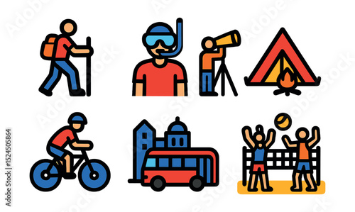 Flat vector icons of travel activities: hiking, snorkeling, sightseeing, camping, biking, city tour, backpacking, beach volleyball.