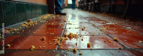 Close-up of a dirty restaurant floor with scattered crumbs, spilled drinks, and debris, highlighting the unseen challenges of waitstaff , housekeeping, restaurant