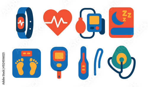 Flat vector icons of digital health tools: fitness tracker, heart rate monitor, blood pressure cuff, sleep tracker, smart scale, glucose meter, thermometer, oxygen mask.