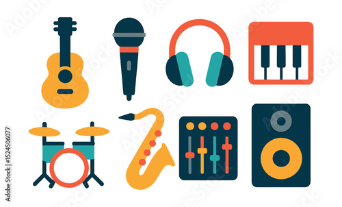 Flat vector icons of music gear: guitar, microphone, headphones, piano, drum kit, saxophone, mixing console, speaker.