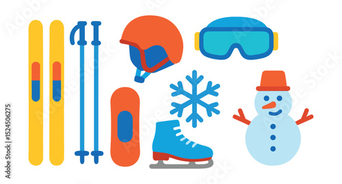 Flat vector icons of winter sports: skis, snowboard, ski poles, helmet, goggles, ice skate, snowflake, snowman.