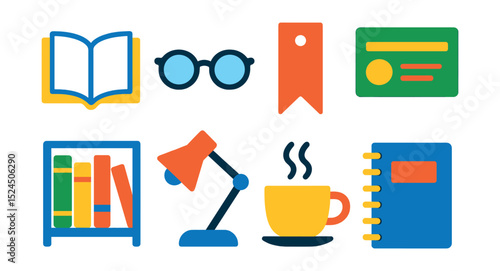 Flat vector icons of library and reading: open book, reading glasses, bookmark, library card, bookshelf, lamp, coffee cup, notebook.