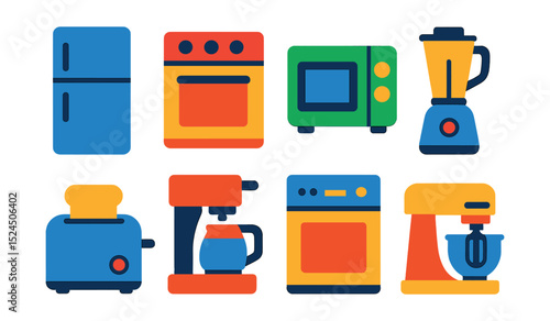 Flat vector icons of kitchen appliances: refrigerator, oven, microwave, blender, toaster, coffee maker, dishwasher, mixer.