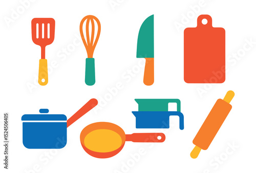 Flat vector icons of kitchen tools: spatula, whisk, chef’s knife, cutting board, saucepan, frying pan, measuring cups, rolling pin.