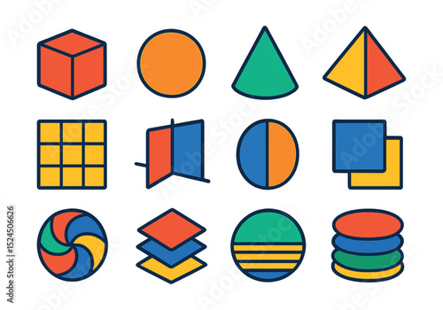 Flat vector icons of geometric abstraction: cubes, spheres, cones, pyramids, grids, intersecting planes, minimal shapes, layered textures.