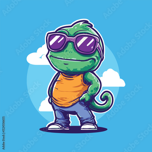 Cool Chameleon Character: A cool and confident cartoon chameleon, sporting trendy sunglasses and a casual outfit, strikes a relaxed pose against a playful, bright backdrop.