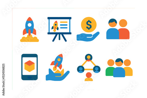 Flat vector icons of startup ecosystem: rocket launch, pitch deck, funding, co-founder icon, MVP product, incubation, networking, early users.