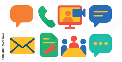 Flat vector icons of business communication: speech bubble, phone call, video conference, chat, email, document share, meeting room, messaging app.