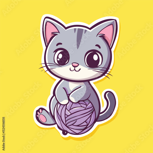 Playful Kitty: A charming cartoon cat, featuring adorable big eyes, cuddles a ball of yarn against a vibrant yellow backdrop.