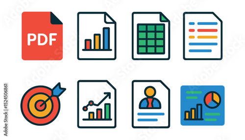Flat vector icons of business reports: PDF file, bar graph, spreadsheet, summary page, KPI icon, revenue chart, executive report, dashboard.