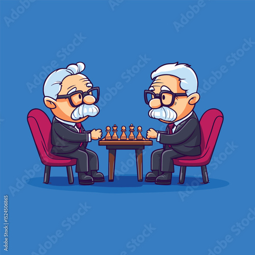 Strategic Showdown: Two animated elderly figures engaged in a cerebral chess match, poised on a blue backdrop, showcasing a battle of wits and patience.