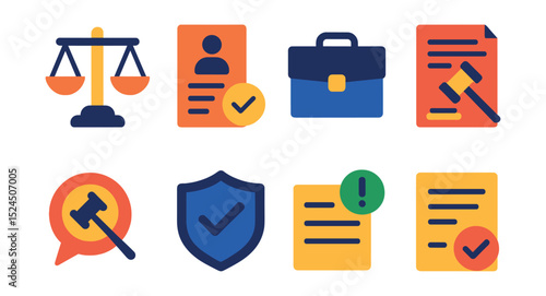Flat vector icons of business law: legal scale, business contract, attorney briefcase, court document, legal advice, compliance shield, regulation icon, policy form.
