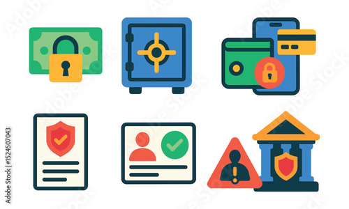 Flat vector icons of financial security: lock on money, vault, secure wallet, encrypted payment, insurance document, ID verification, fraud alert, bank protection.