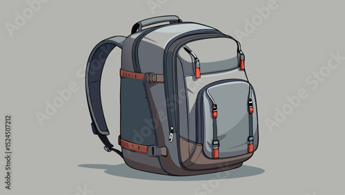 Modern grey fabric backpack with minimal zippers and top loop. Close-up shows sleek lines and compact design. Great for youth lifestyle or travel vector compositions with neutral background.

