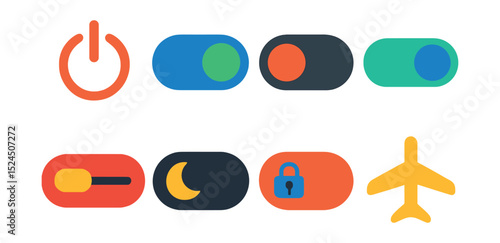 Flat vector icons of toggle buttons: power button, toggle switch on, toggle switch off, slider on, slider off, dark mode switch, privacy toggle, airplane mode.