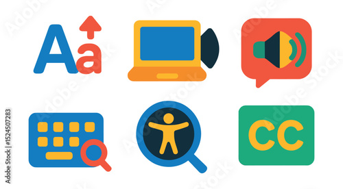 Flat vector icons of accessibility buttons: font resize, screen reader, color contrast toggle, text-to-speech, keyboard access, zoom icon, accessibility settings, subtitles button.