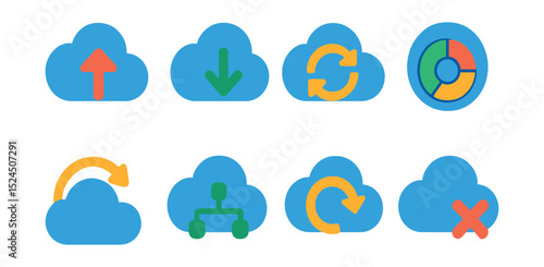 Flat vector icons of cloud service buttons: upload to cloud, download from cloud, cloud sync, storage usage, backup icon, cloud share, restore from backup, cloud delete.