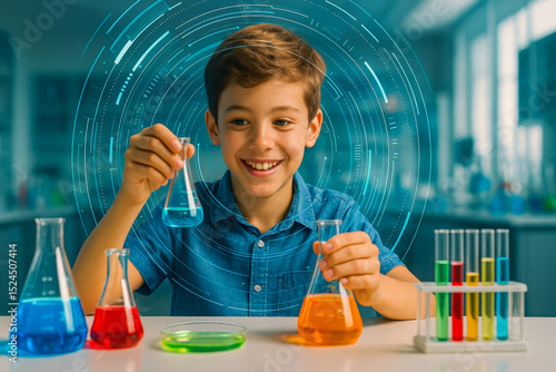Smiling boy experimenting with colorful liquids in futuristic science lab