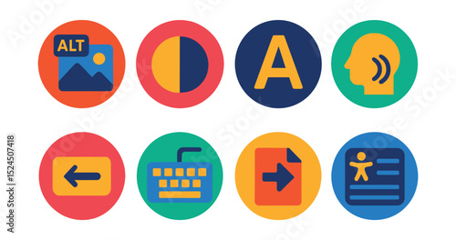 Flat vector icons of web accessibility in circular style: alt text icon, contrast switch, font size button, screen reader, tab navigation, keyboard access, skip link, accessible menu.