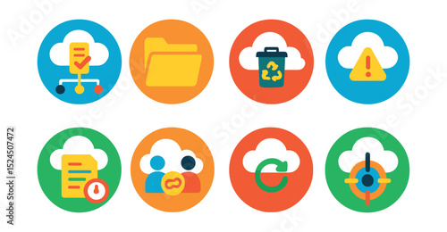 Flat vector icons of cloud storage management in circular style: manage files, cloud folder, recycle bin, storage full, recent files, shared access, backup status, restore point.