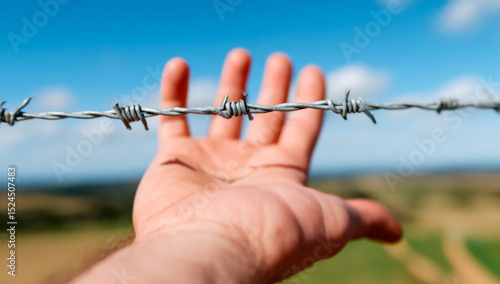 Reaching out to the barbed wire fence. A hand extends toward a barbed wire fence under a bright blue sky, representing a boundary or restriction in nature.
