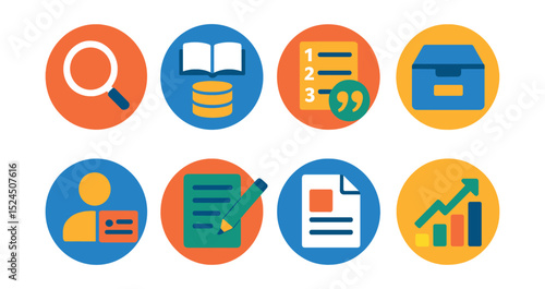 Flat vector icons of digital research tools in circular style: search icon, scholarly database, citation tool, archive icon, academic profile, note extractor, research paper, publication metrics.