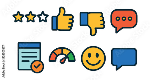 Flat vector icons of online feedback tools: rating stars, thumbs up, thumbs down, review bubble, feedback form, satisfaction meter, reaction face, comment box.