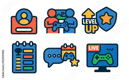 Flat vector icons of online gaming platforms: login avatar, multiplayer game, level up, achievement badge, leaderboard, in-game chat, gaming event, live match.