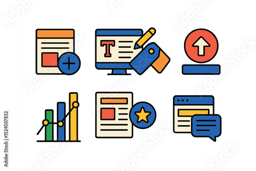 Flat vector icons of blog platform tools: new blog post, content editor, tags manager, publish button, post stats, featured post, blog layout, comments section.