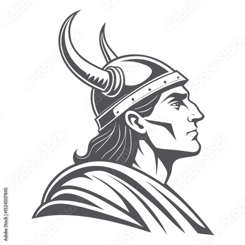Viking warrior in horned helmet with serious expression in profile  