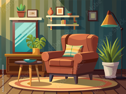 vector of A comfortable brown chair and a cozy brown single table in an interior design environment.