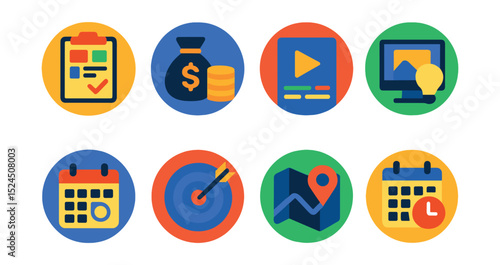 Flat vector icons of campaign planning elements in circular style: campaign planner, budget allocation, media plan, creative assets, ad schedule, goal setting, campaign map, deadline tracker.