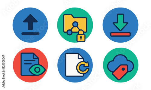 Flat vector icons of digital file management in circular style: upload button, shared folder, access permission, download icon, preview file, version update, file tag, cloud drive.
