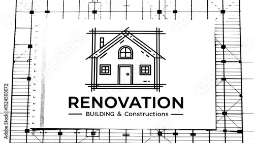 An architectural logo with a central orange house icon, designed in a simple, linear style and framed by a structured black grid. Clean, bold black text reading "RENOVATION" is featured beneath, follo