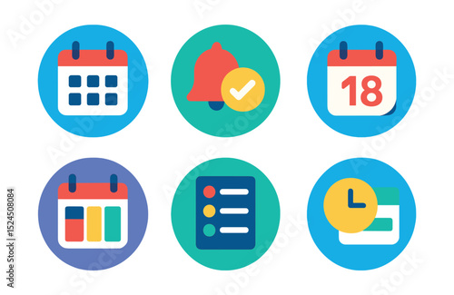 Flat vector icons of mobile calendar and planner apps in circular style: calendar icon, event reminder, task deadline, date picker, weekly view, agenda list, add event button, time block.