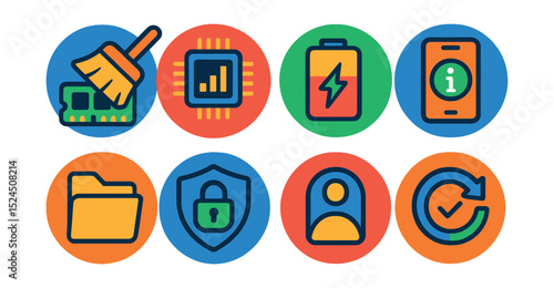 Flat vector icons of mobile system tools in circular style: RAM cleaner, CPU monitor, battery health, system info, file manager, permissions tool, storage chart, update checker.